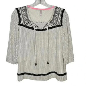 Witchy Gothic Retro Black White Boho 3/4 Sleeve Rayon Blouse Lace Detail M